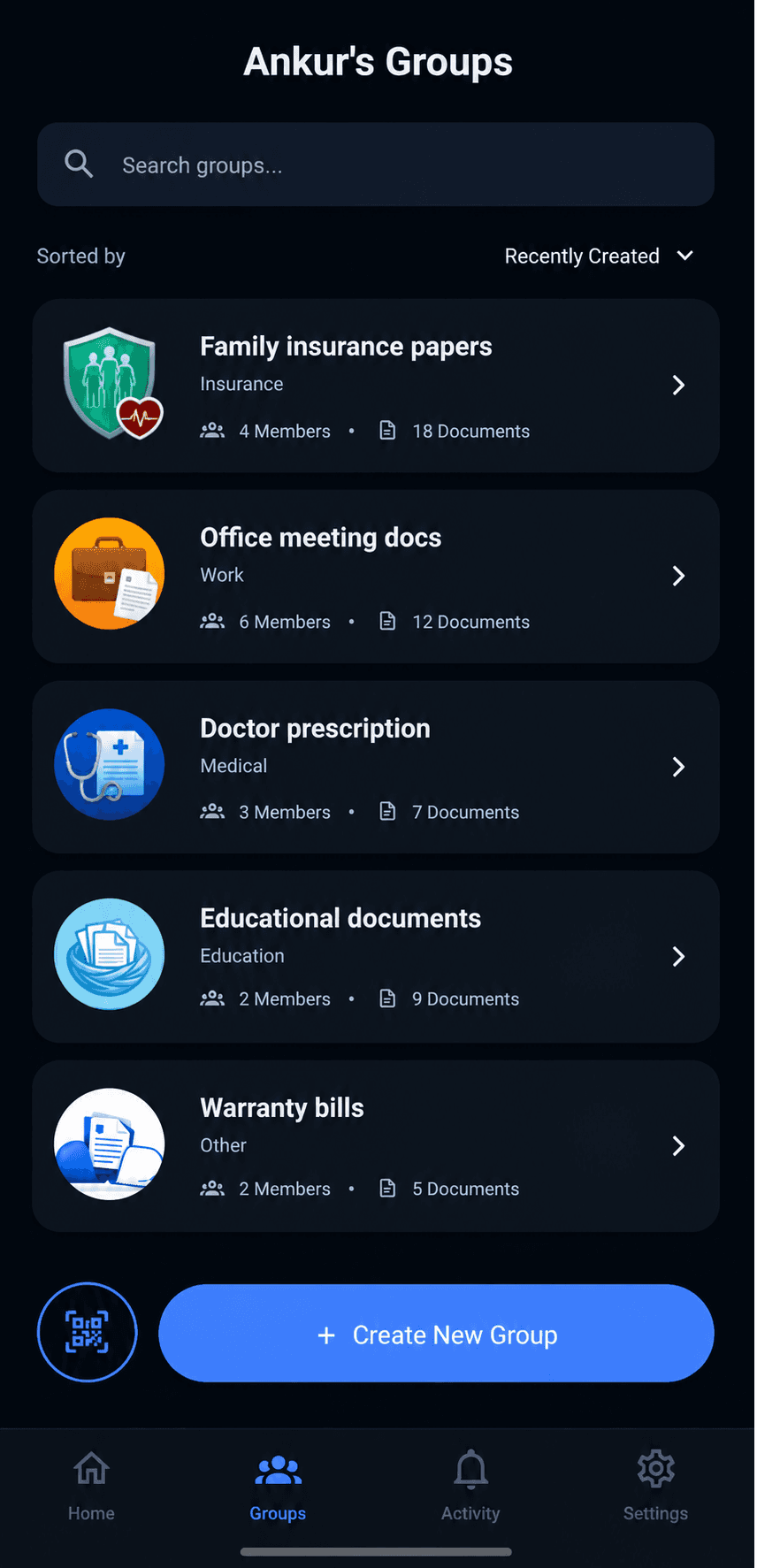 MyHandyDocs groups screen listing shared document groups