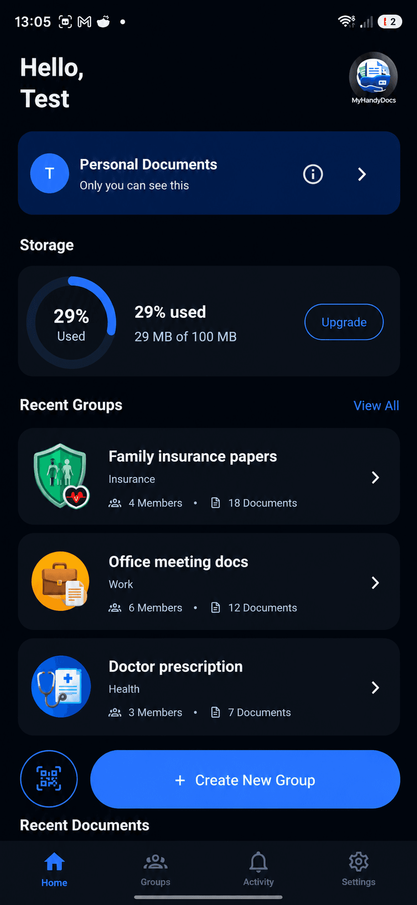 MyHandyDocs home screen showing personal documents, storage and recent groups